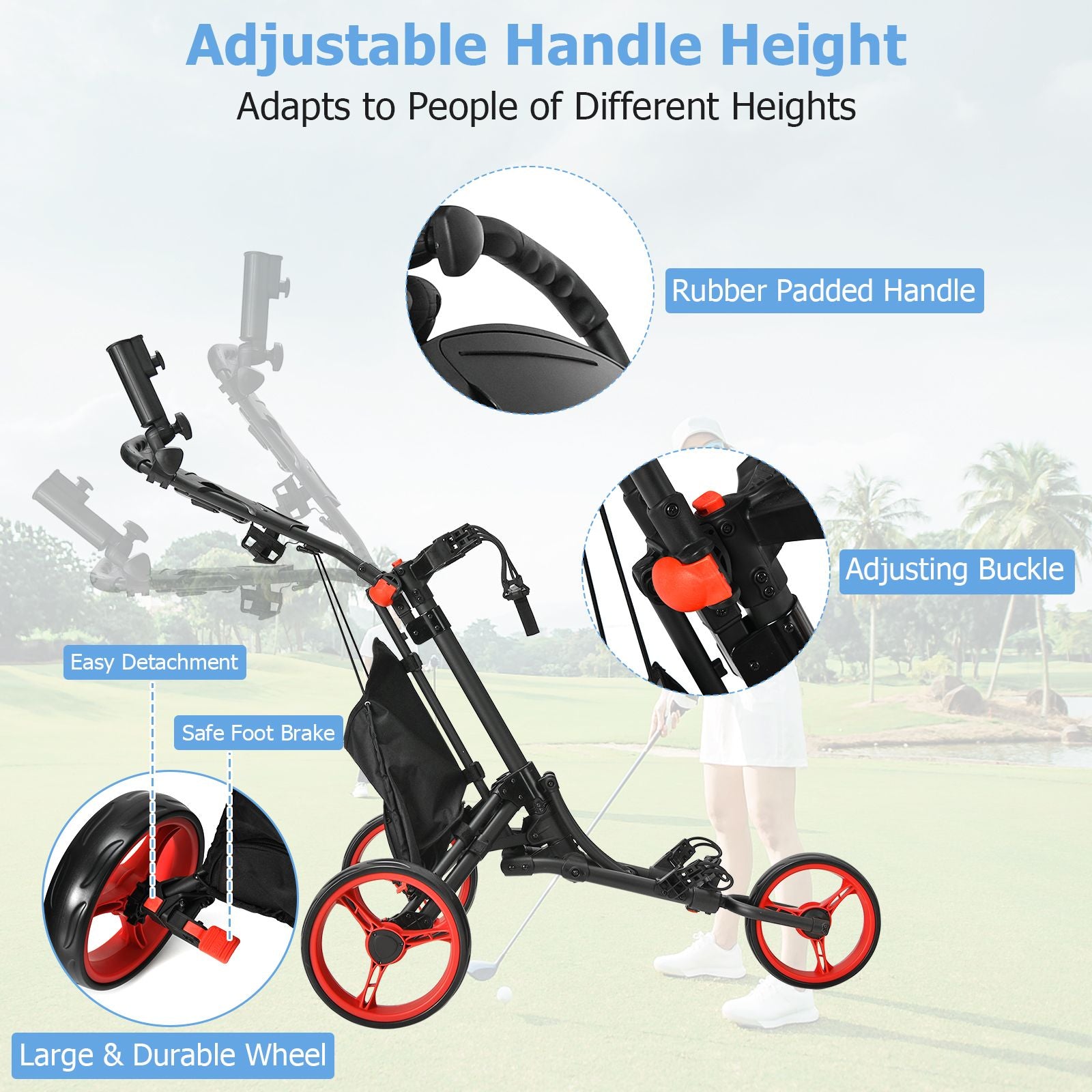3 Wheel Golf Push Pull Cart with Adjustable Height Handle