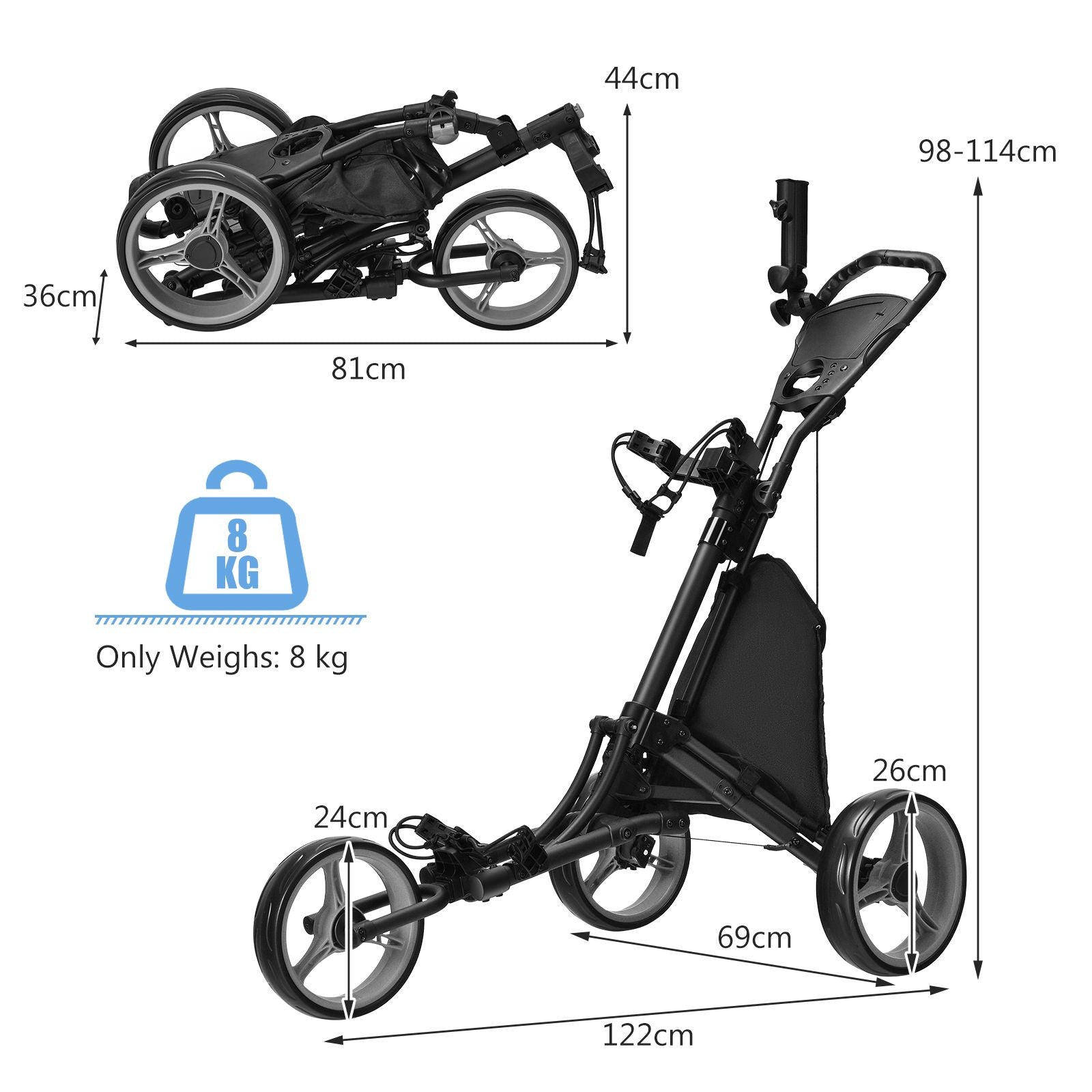 3 Wheel Golf Push Pull Cart with Adjustable Height Handle