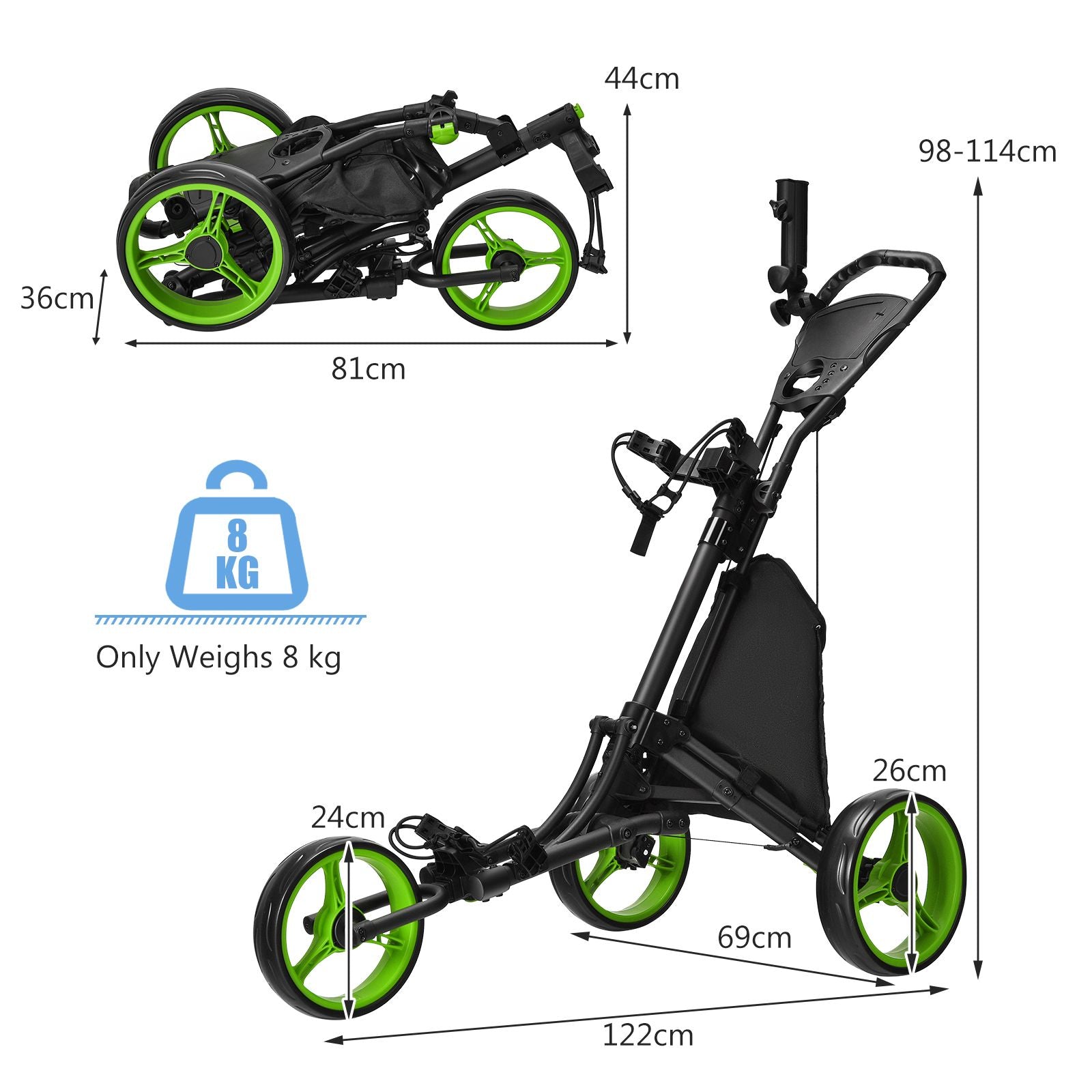 3 Wheel Golf Push Pull Cart with Adjustable Height Handle